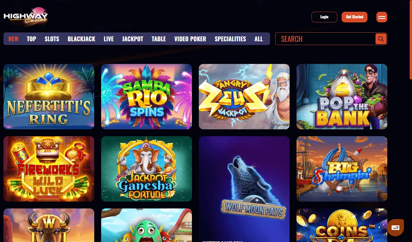 Highway Casino games area on a desktop screen