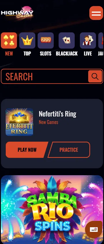 Highway Casino games area on a mobile phone