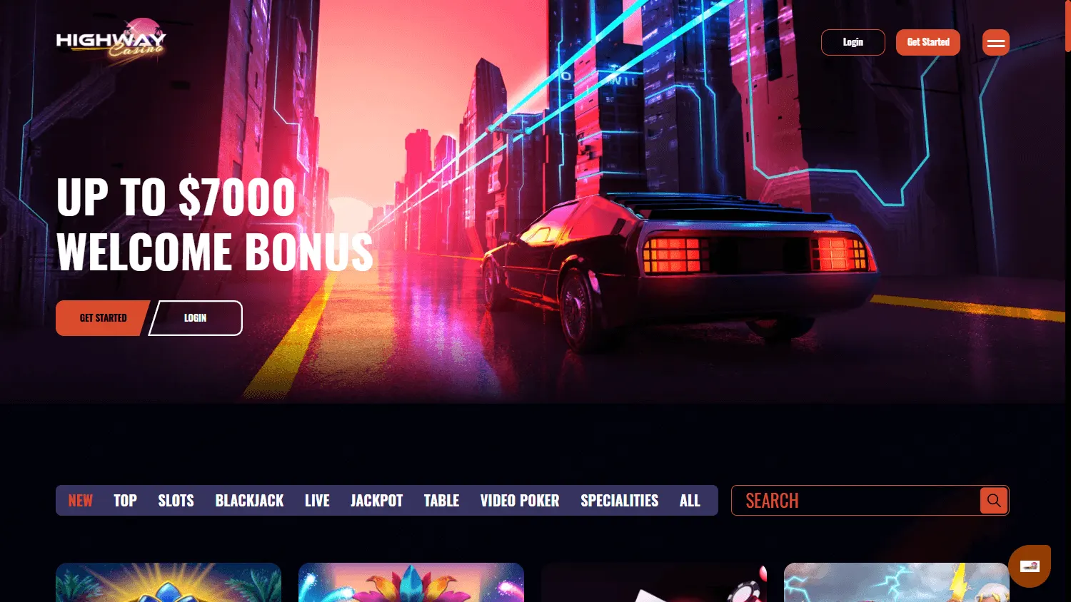Highway Casino home page on a desktop screen